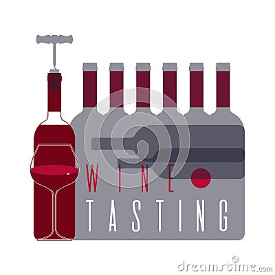 Wine glass with a drink and bottles of alcohol. Poster, vector banner with red grape wine. Vector Illustration