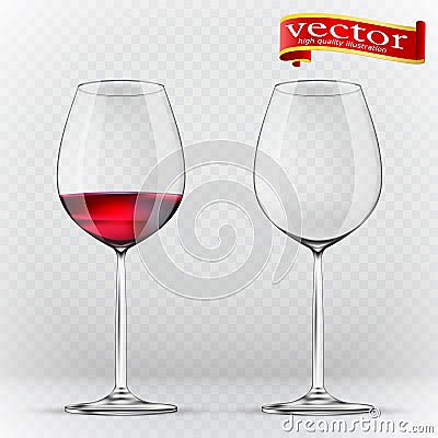 Transparency wine glass. Empty and full. 3d realism, vector icon Vector Illustration