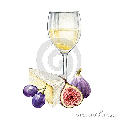 Wine glass and fruit watercolor illustration. Tasty gastronomy snack with white wine, cheese, grape berries, fig. Fresh Cartoon Illustration