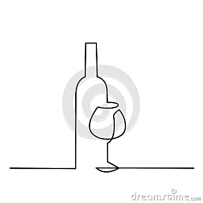 Wine glass outline vector icon. Continuous one line drawn a bottle of wine and a glass. Vector Illustration