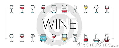 wine glass red drink alcohol icons set vector Cartoon Illustration