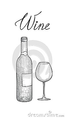 Wine glass and red wine bottle. Engraving wineglass, lettering Cartoon Illustration