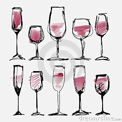 Wine glass set - collection sketched watercolor wineglasses and silhouette Vector Illustration