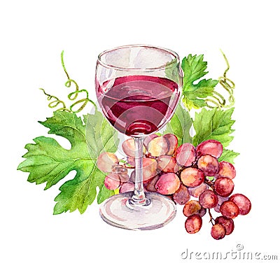 Wine glass with vine leaves, grape berries. Watercolor Stock Photo