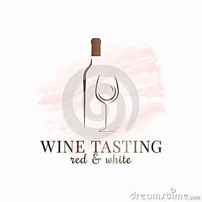 Wine glass watercolor. Bottle logo design on white Vector Illustration