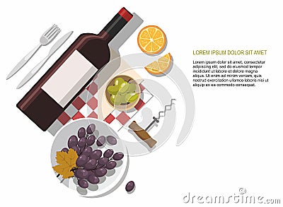 Wine glass, wine bottle, olives and grapes composition on white background. Vector Illustration