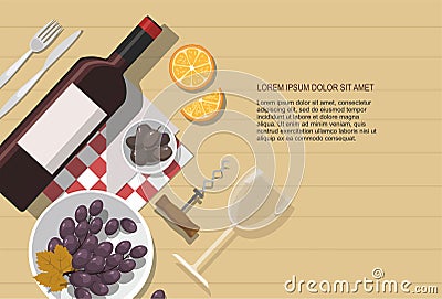 Wine glass, wine bottle, olives and grapes composition on wooden background. Vector Illustration