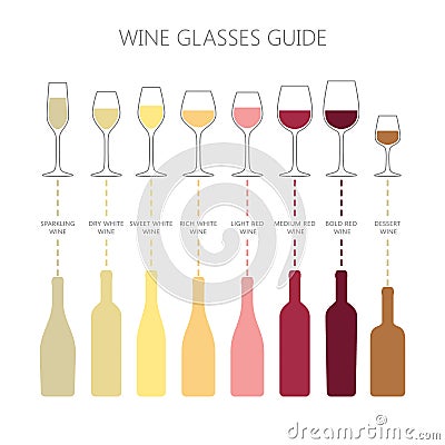 Wine glasses and bottles guide infographic. Colorful vector wine glass and wine bottle types icons. Vector Illustration