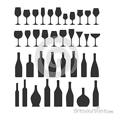 Wine glasses and bottles vector black silhouette collection icons. Vector Illustration