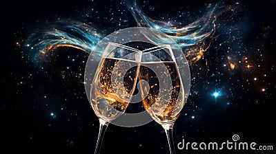 Wine glasses champagne toast with space galaxy background, amazing night starry background, dark turquoise and light gold, Stock Photo