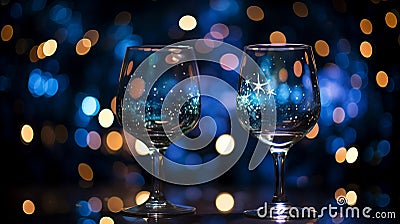 Wine glasses champagne toast with space galaxy background, amazing night starry background, dark turquoise and light gold, Stock Photo