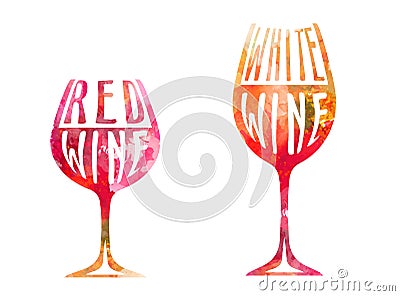 Wine glasses with colorful stamps and splitters Vector Illustration