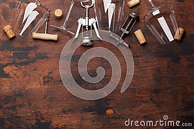 Wine glasses, corkscrews and corks Stock Photo