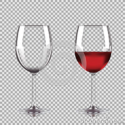 Wine glasses - empty, half full. Set of transparent vector wineglass with red wine. Vector Illustration