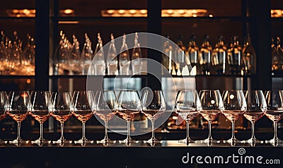 Wine glasses placed on the bar counter. Stock Photo