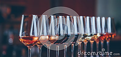 Wine glasses in a row. Buffet table celebration of wine tasting. Nightlife, celebration and entertainment concept Stock Photo