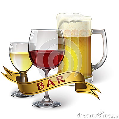Glass goblets with wine and beer and ribbon with inscription Vector Illustration
