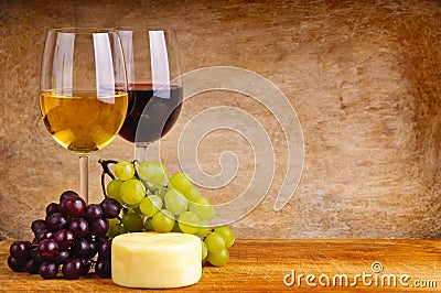 Wine, grapes and cheese Stock Photo