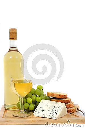 Wine, grapes, cheese and bread Stock Photo