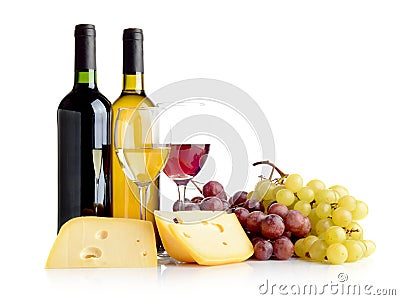 Wine, grapes, cheese isolated on white Stock Photo