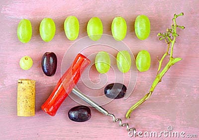 Wine grapes, cork,corkscrew, flat lay, abstract layout.Drink,autumn,season concept,free copy space Stock Photo