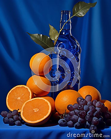 Wine group vine vintage grapes blue drink orange alcohol bottle Stock Photo