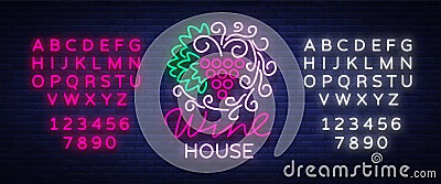 Wine house pattern ornament frame with in a trendy neon style. Logo, badge glowing banner. For the menu, bar, restaurant Vector Illustration