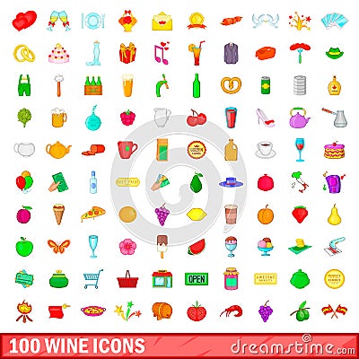 100 wine icons set, cartoon style Vector Illustration