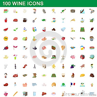 100 wine icons set, cartoon style Vector Illustration