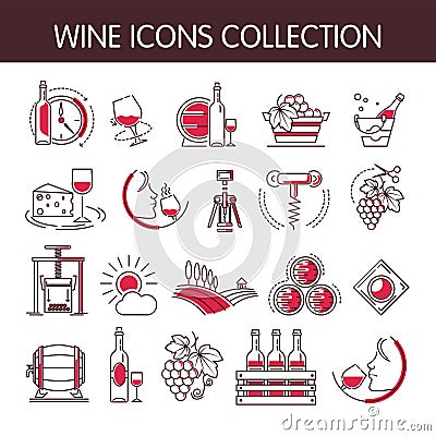 Wine icons vector collection set for winemaking or winery production industry Vector Illustration