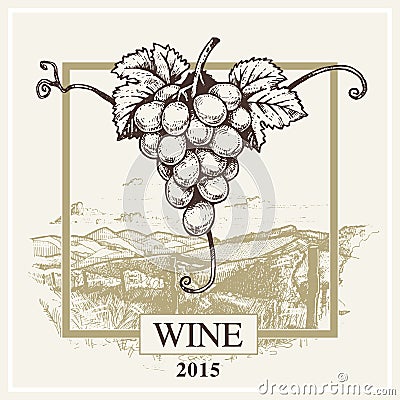 Wine label vector grape and landscape logo for winery Vector Illustration
