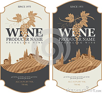 Wine labels with landscape of vineyards Vector Illustration