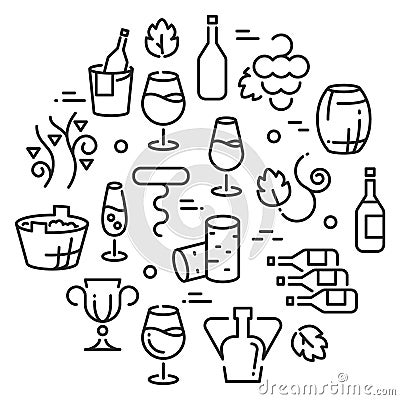 Wine linear icon set. Alcohol drinking concept Vector Illustration