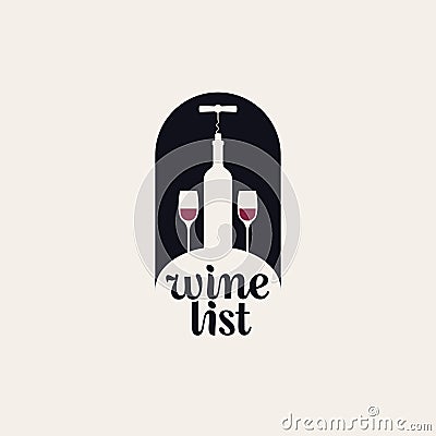 Wine list with a bottle, corkscrew and two glasses Vector Illustration