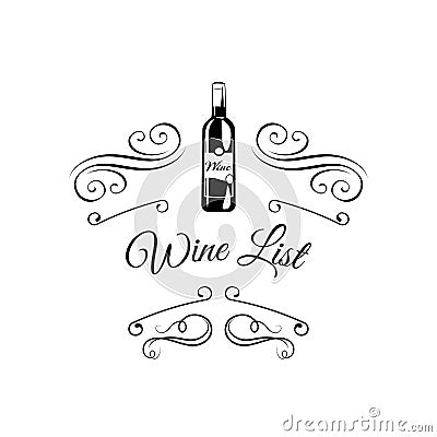 Wine list. Wine bottle. Alcohol menu design. Decoration, Swirls, ornate frames. Vector illustration. Vector Illustration