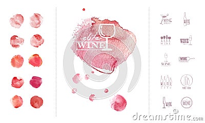 Wine logo template with collection of hand drawn watercolor colorful backdrops Stock Photo