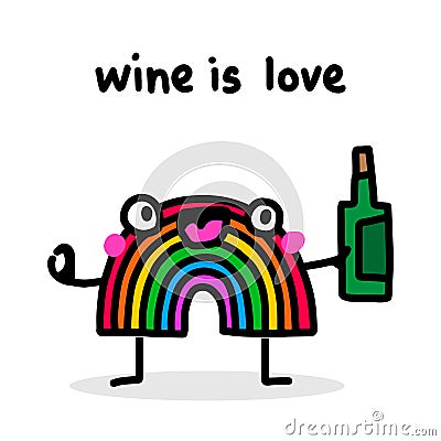 Wine is love happy rainbow character hand drawn in cartoon doodle style Stock Photo