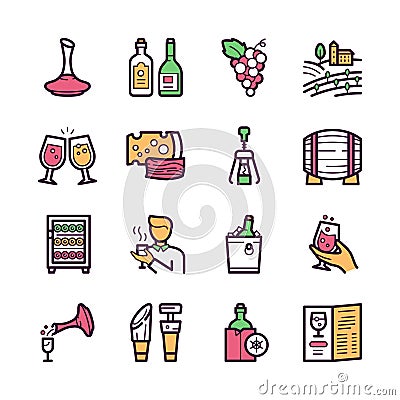 Wine making color linear icons set Vector Illustration