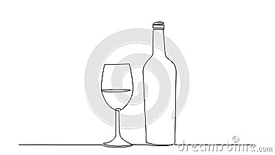 Wine one line sketch. Wineglass outline vector icon. Continuous one line drawn a bottle of wine and a glass. Linear style sign for Cartoon Illustration