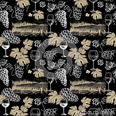 Wine pattern, sketches, hand drawn seamless pattern. bottle, glass, corkscrew Vector Illustration