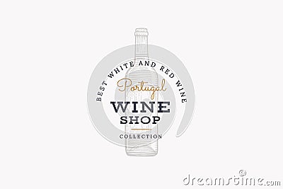 Wine of Portugal. Vector logo of wine store with picture of wine bottle on white background. Vector Illustration