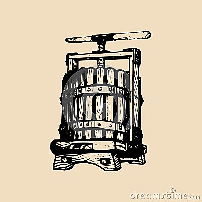 Wine press illustration. Vector alcoholic beverages logo. Hand sketched vinemaking element in engraved style. Vector Illustration