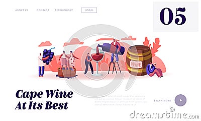 Wine Producing and Drinking Website Landing Page. Man with Bottle Pouring Alcohol Drink to Glass Characters Grow Grapes Vector Illustration