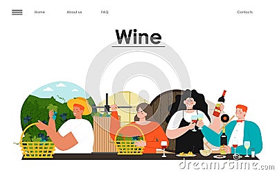 Wine producing and drinking website landing page Vector Illustration