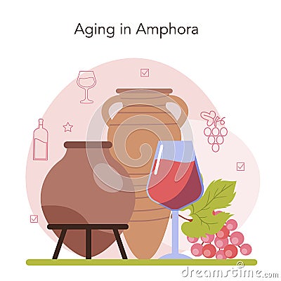 Wine production concept. Wine aging in a wood barrel or clay amphora. Vector Illustration