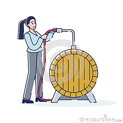 Wine Production Concept. Smiling Woman Technologist Works On Wine Plant. Character Controls Process Of Fermenting Vector Illustration