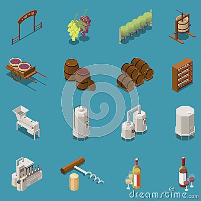 Wine Production Isometric Icons Set Vector Illustration