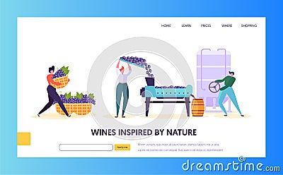 Wine Production Landing Page. Tap of Winemaking are Growing, Gather Squeeze Juice. Fermentaition and the Bottling Vector Illustration