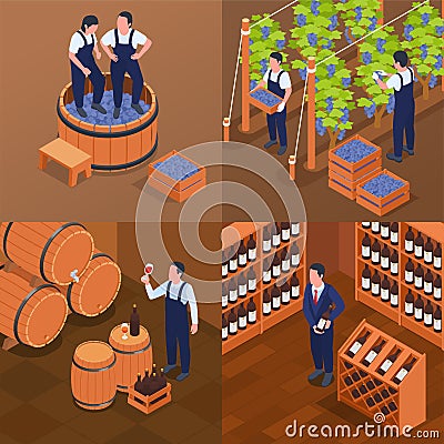 Wine Production 2x2 Set Vector Illustration