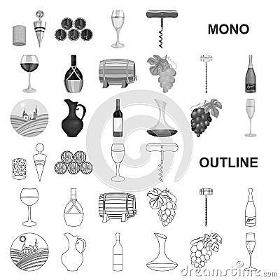 Wine products monochrom icons in set collection for design. Equipment and production of wine vector symbol stock web Vector Illustration